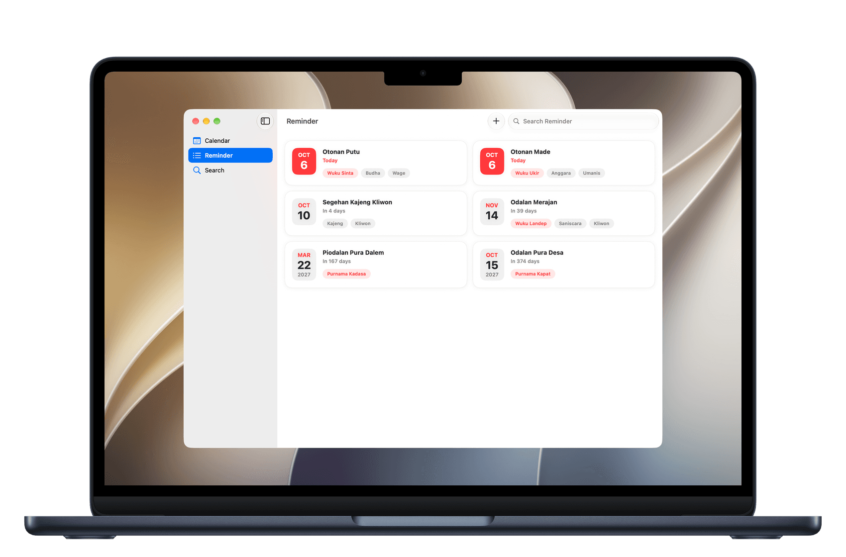 Kalender Bali di Mac — Pengingat