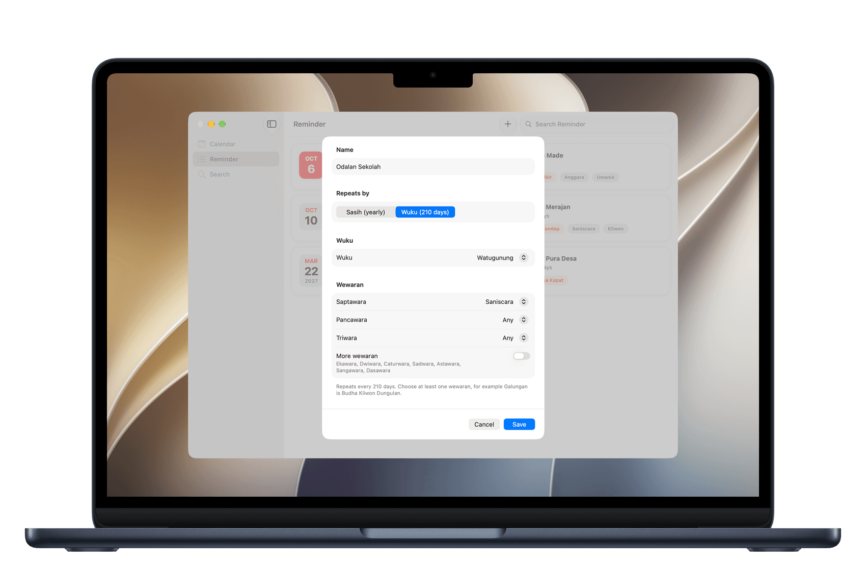 Kalender Bali di Mac — Buat pengingat