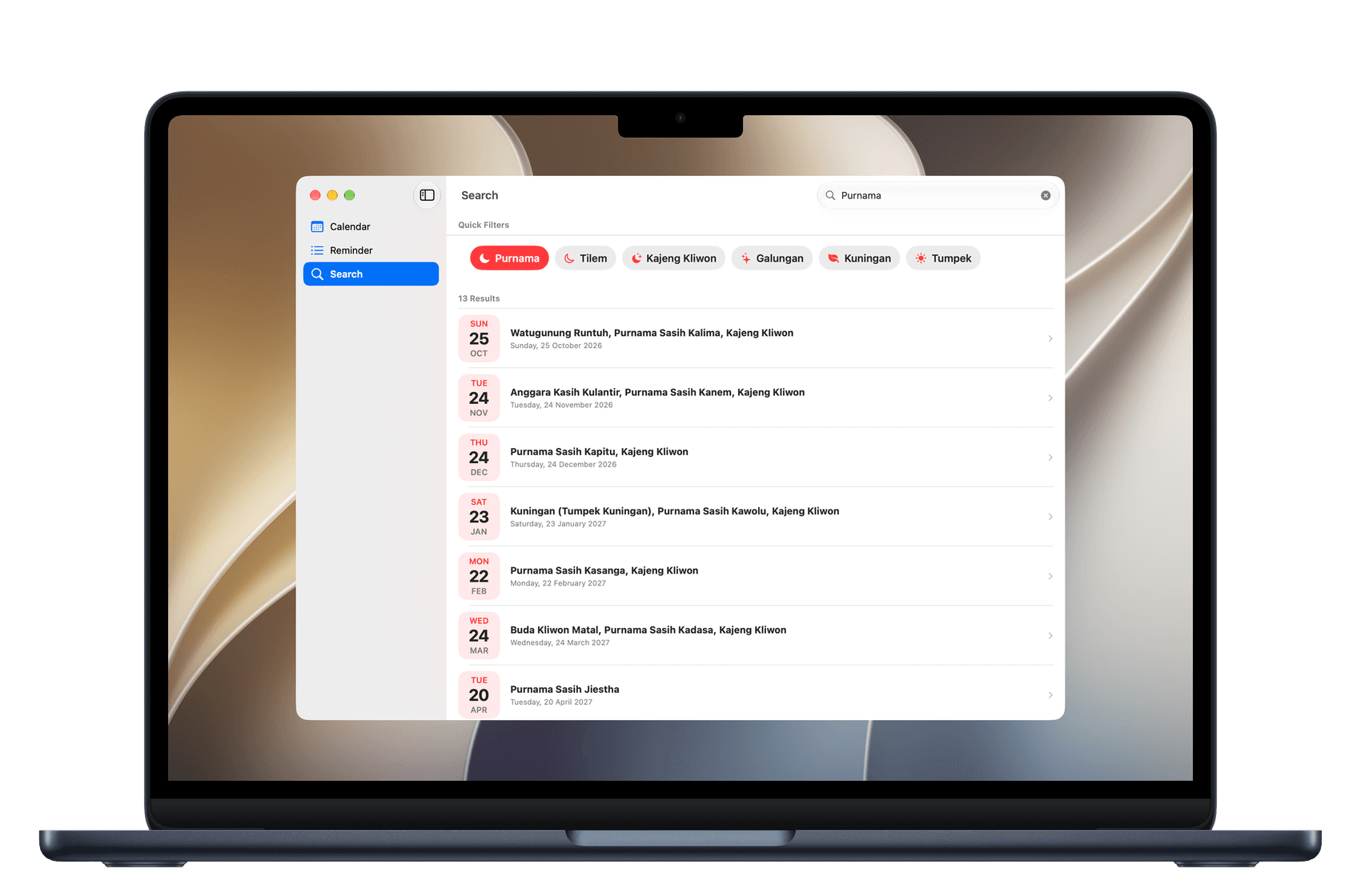 Kalender Bali di Mac — Pencarian