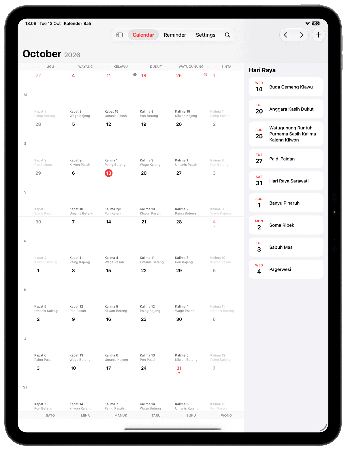 Kalender Bali di iPad